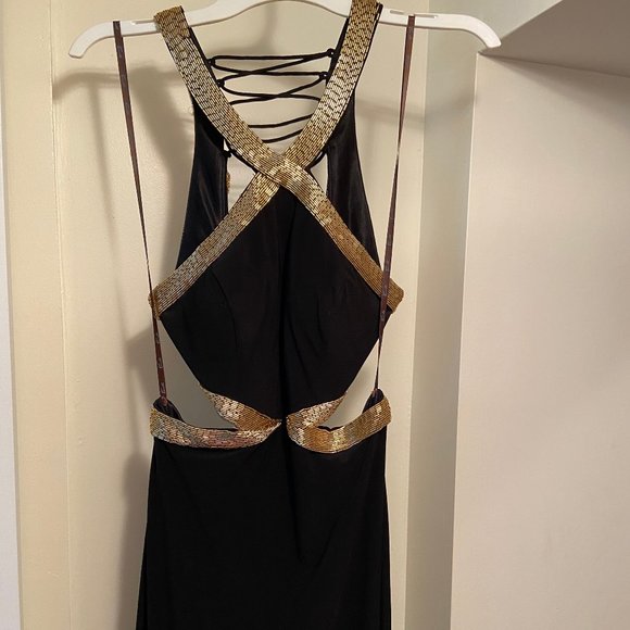 Black and Gold Bugle Beaded Cutout Prom Dress - Picture 5 of 7